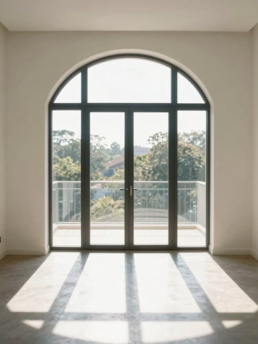 Straight-on architectural shot of a modern living room with a large arched window, bright natural daylight casting clean geometric shadows on the floor, 35mm