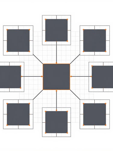 Abstract geometric representation of a connected ecosystem, clean UI wireframe abstractions, stark high-key lighting, minimalist slate and orange accents, precise grid-aligned composition