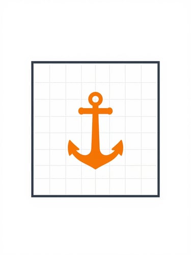 Clean geometric vector illustration representing a secure corporate framework, precise grid-aligned composition, minimalist slate lines with a sharp orange anchor shape, high-key white background.