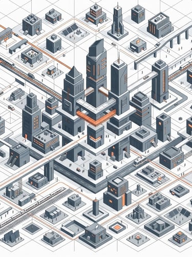 Clean geometric vector illustration of a structured corporate ecosystem, stark high-key lighting, minimalist slate and orange accents, precise grid-aligned composition.
