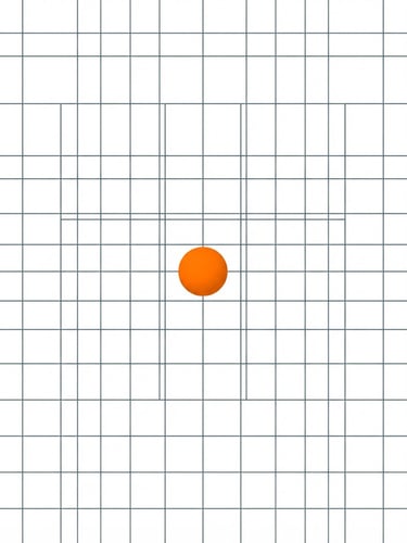 Clean geometric vector illustration of a precise architectural grid with intersecting slate lines and a single vibrant orange focal sphere, stark high-key white background, balanced minimalist composition with generous negative space