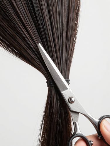 Macro studio shot of steel shears sectioning dark hair with clinical precision, bright daylight, cool tones, sharp focus