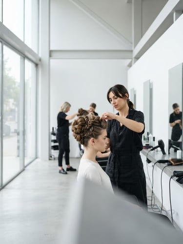 Crisp studio photography of a clean white academy interior with architectural lines, bright daylight, cool neutral tones.