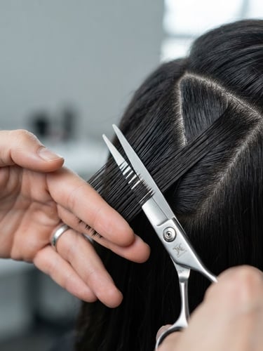 Macro studio portrait of sharp, clean hair sectioning with professional shears, high-clarity cool daylight, architectural geometric lines.