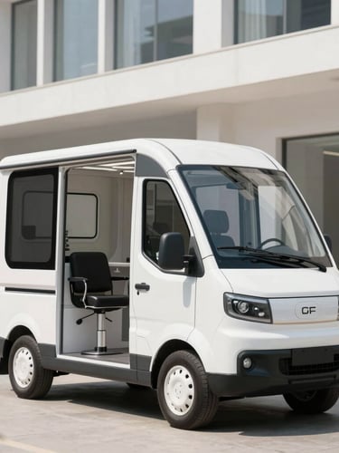A sleek, branded mobile salon vehicle parked in front of a modern architectural building, bright crisp daylight, cool tones