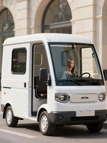 A branded mobile salon vehicle parked outside an elegant stone venue, bright daylight, crisp focus, high-end editorial hair design