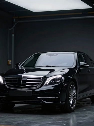 Immaculate unmarked black Mercedes-Benz S-Class parked in a dimly lit private hangar, soft overhead spotlight, 85mm lens, shallow depth of field