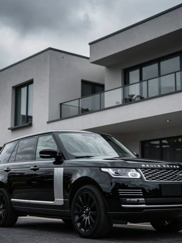 Low-angle heroic shot of a black Range Rover Autobiography parked in front of a modern architectural estate, overcast dramatic sky, moody lighting, cool silver tones