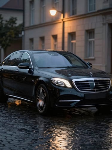 Low-angle cinematic shot of an unmarked black Mercedes-Benz S-Class parked on a wet cobblestone street at dusk, soft golden streetlights reflecting off the polished obsidian paint, 85mm lens, shallow depth of field