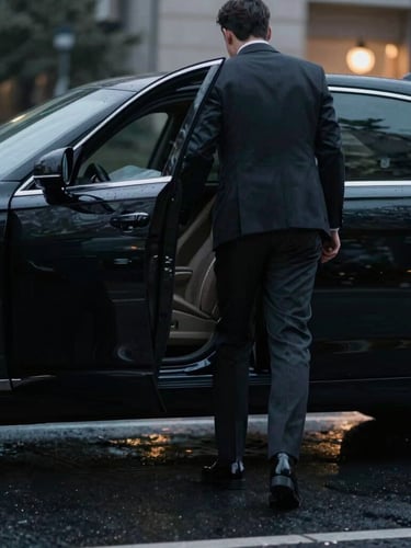 Low-angle cinematic portrait of a chauffeur in a tailored dark suit opening the door of an immaculate black sedan, soft evening streetlights reflecting on wet asphalt.