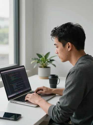 Professional headshot of a developer in a natural Manila workspace, ambient window light, clean desk with a laptop displaying code, realistic.