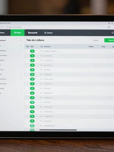 Front-on high-fidelity screenshot of a custom restaurant POS interface on a tablet, displaying clean tabular order lists, active green indicators, and zero-bloat database schemas.