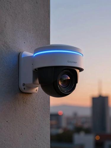Primer plano técnico de una cámara domo de alta definición instalada en una cornisa de hormigón moderno, luz de estado LED azul eléctrico encendida, fondo de atardecer urbano en Santiago desenfocado.