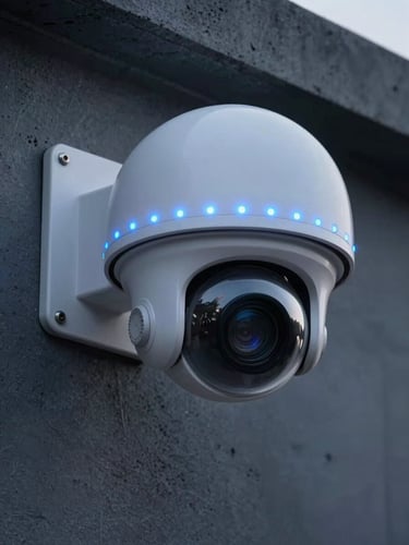 Close-up architectural shot of a high-tech dome security camera with a glowing blue LED status light, mounted on a dark concrete facade at dusk, clean wiring, sharp focus.