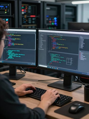 Wide over-the-shoulder shot of a software engineer at a dual-monitor workstation, code and system architecture diagrams filling both screens, cool monitor glow illuminating hands on keyboard, dark server racks visible in the background depth of field