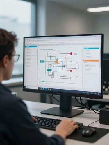 Engineer at a workstation examining a clinical data pipeline visualization on a large monitor, structured health record schemas visible on screen, cool daylight from a window to the left, tight over-the-shoulder crop