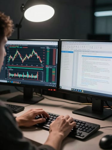 Close-up of hands typing on a keyboard, dual monitors showing financial data tables and a model explanation interface, cool overhead studio light, screen glow as primary illumination source, over-the-shoulder framing