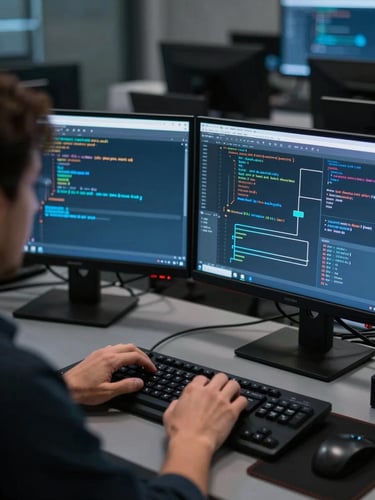 Over-the-shoulder view of an engineer at a dual-monitor workstation, code and data pipeline diagrams on screens, cool blue screen glow illuminating the workspace, dark engineering lab environment, tight crop emphasizing the monitors and hands at keyboard
