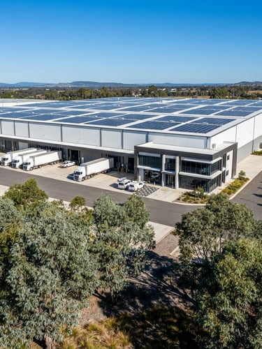 Wide architectural drone shot of a modern Australian commercial warehouse with a large, neatly installed solar array on the roof, under bright, crisp Australian daylight with clear skies and high-contrast sun and shadow. Eucalyptus trees in the foreground.