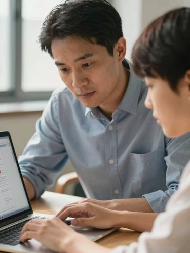 Close-up of a mentor guiding a student over a research manuscript, both looking at a laptop screen with data charts, natural warm daylight, professional academic atmosphere.