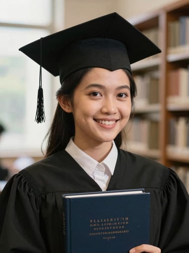 A close-up of a smiling Indonesian female student in a graduation gown holding her thesis book, warm natural window light, soft focus library background.