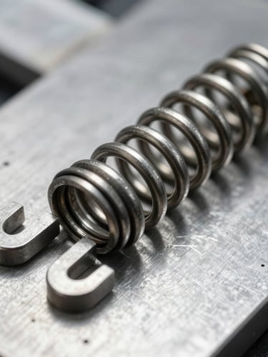 Macro close-up of a high-carbon steel compression spring and extension spring with custom hook ends, resting on a metal calibration sheet, cool industrial lighting