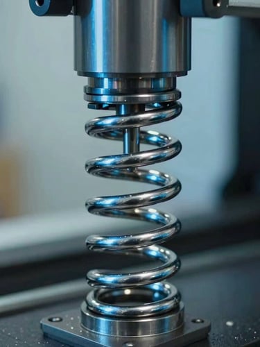 Macro shot of a heavy-duty double-torsion spring on a CNC coiling machine, cold steel blue lighting, metallic glints, tight framing