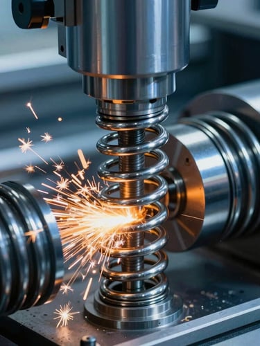 Macro close-up shot of a high-speed CNC coiling machine fabricating a heavy-duty steel compression spring, safety orange sparks flying, cool metallic blue steel textures.