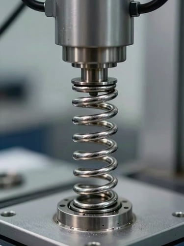 Macro shot of a high-carbon steel compression spring undergoing a physical load compression test in a hydraulic testing machine, cool industrial lighting, sharp metallic details.