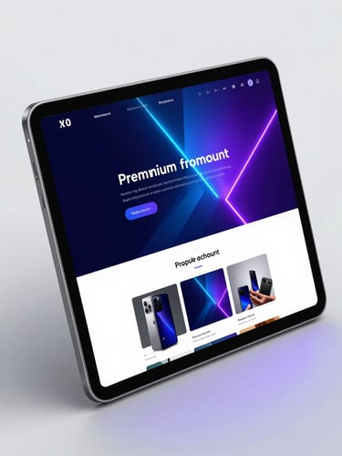 High-contrast studio shot of a sleek tablet mockup displaying a premium dark-mode website layout, vibrant blue and purple neon backlighting, clean geometric details.