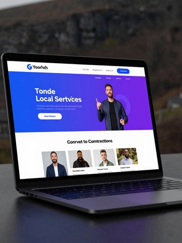 A sleek, dark-mode laptop mockup displaying a high-converting local service website with vibrant blue and purple accents, set against a moody, dark Yorkshire studio background.