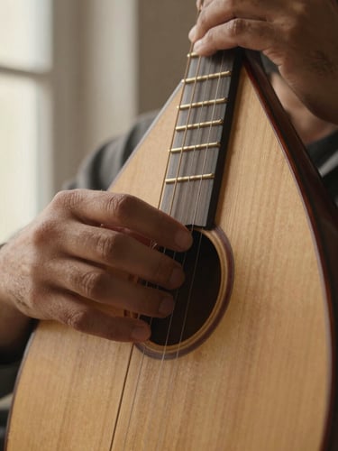 Extreme close-up of left hand fingers pressing Oud strings against the neck, natural window light from the left, wood grain of the instrument visible, warm amber tones
