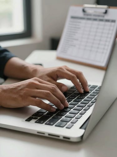 Close-up of hands typing on a laptop keyboard on a clean desk in a small Indonesian retail office, natural window light from the left, a printed schedule visible in the background, honest functional lighting