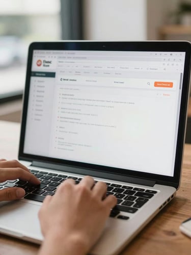 Close-up of a laptop screen showing a clean dashboard interface, hands on keyboard, Indonesian small retail shop visible softly in background through window, daylight, honest overhead light