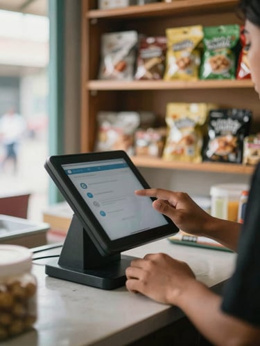 Close-up of hands operating a tablet POS system on a small Indonesian food stall counter, natural window light from the left, wooden shelves with product packaging visible in background, honest functional atmosphere