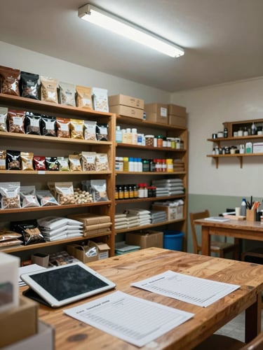 Wide interior of a small Indonesian workshop in daylight, shelves of packaged goods to the left third, a wooden worktable with a tablet and printed orders in the foreground, clean overhead fluorescent light, no people, organized and operational