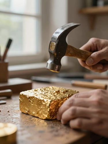 Warm directional side-light from a workshop window illuminating an artisan's hands shaping raw textured gold with a hammer, macro shot focusing on the rich metallic surface, shallow depth of field, 35mm photography.
