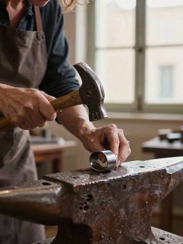 Vertical portrait of artisan Laura Fumarola in her Ostuni workshop, shaping a raw metal band with a hand hammer, soft side-light from a stone window illuminating her hands and the anvil, warm cinematic tones.