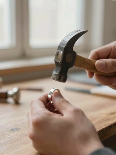 Medium close-up of artisan hands using a small hammer on a silver band over a wooden workbench, soft workshop window light.