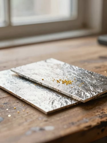 A close-up of raw textured silver sheets and gold grains resting on a worn wooden workbench, soft morning window light, warm tones, macro photography