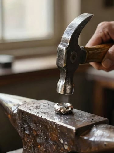 Extreme macro shot of artisan hands working with raw silver, hammer hitting metal on an anvil, warm directional side-light from a workshop window, rich textures, 35mm