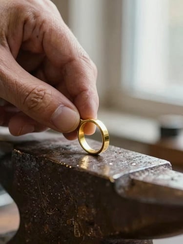 Extreme macro shot of artisan hands shaping a raw gold ring on a dark anvil, warm side-light highlighting the textured metal, shallow depth of field, 35mm
