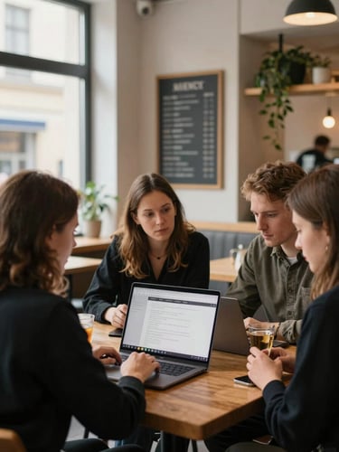 Agency team reviewing content on a laptop at a wooden table inside a Scandinavian-style restaurant, warm window light from the left, menu boards and plants softly blurred in background, documentary framing