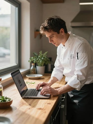 Close documentary shot, agency team member reviewing content on a laptop beside a chef at a wooden kitchen counter, warm natural sidelight streaming from a large window to the left, herbs and a small plate visible mid-frame, shallow depth of field