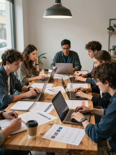 Wide environmental shot, agency team around a wooden table covered with printed content calendars and open laptops, a single overhead pendant light, warm natural daylight from a side window, coffee cups and a small notebook in frame, candid working moment