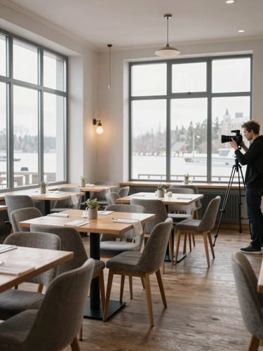 Panoramic interior of a Nordic-style restaurant dining room, empty before service, natural light flooding through tall windows onto bare oak tables and linen, agency photographer adjusting a camera on a tripod to the far right edge, calm and spacious