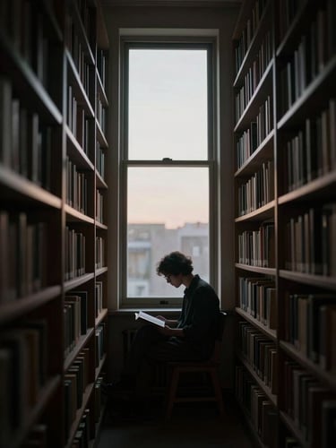 An atmospheric portrait of a writer in a dimly lit library, soft twilight filtering through a high window, surrounded by towering bookshelves, desaturated dark tones, shallow depth of field.