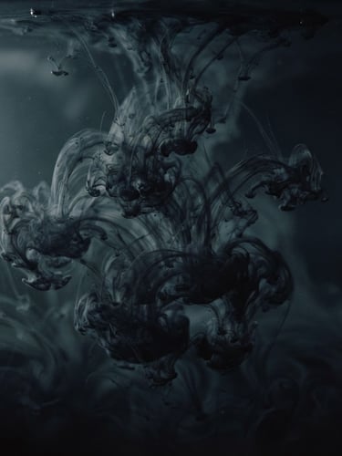 A macro close-up of ink swirling slowly in dark water, moody atmospheric photography, soft twilight, desaturated dark tones, 35mm film