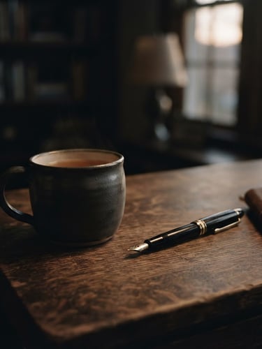 A close-up of a writer's desk at twilight, a single ceramic mug and a fountain pen resting on a dark wooden surface, soft warm window light casting long shadows, moody atmospheric photography, desaturated tones, 35mm film.
