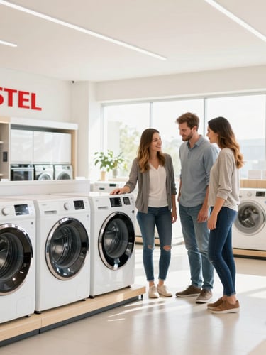 Wide panoramic shot of a modern Vestel showroom interior, a friendly sales associate assisting a couple examining a washing machine, bright natural lighting, products neatly displayed, professional atmosphere.